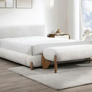 Bank - Bouclé-Stoff - Weiß & Holzfarben - GAMURA Sonderangebot