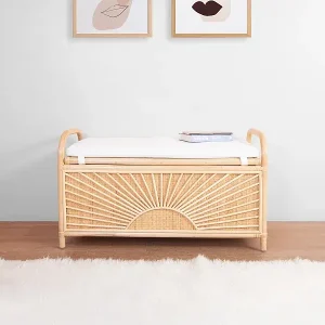 Schneller Versand Truhenbank aus geflochtenem Rattan mit Kissen - 91 x 43 x 51 cm - Natur - SOLEYA