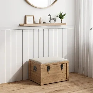 Markenware Banktruhe mit Leinenkissen - 80 x 40 x 53 cm - Holzfarben & Beige - TURZA