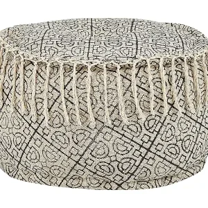 Zertifiziert Runder Pouf im Boho-Stil handgearbeitetes Muster Beige und Schwarz Sonati
