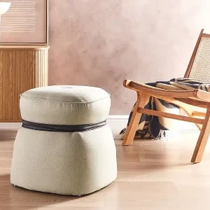 Angebot Pouf Hocker Stoffbezug Leinen beige quadratisch Polsterhocker 44cm hoch Monterey