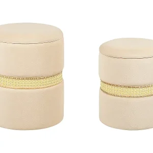 Zertifiziert Pouf mit Stauraum 2er Set MEDFORD Samtstoff Creme 30/34 cm 30/34 cm 38/43 cm