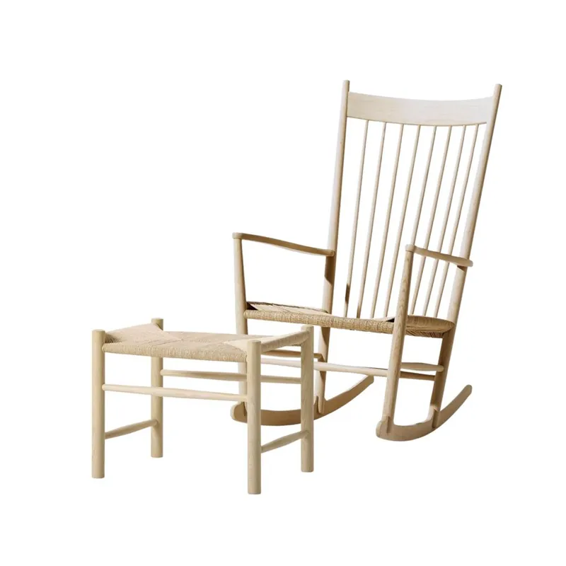 Finale Aktion Fredericia Furniture 16000 J16 Wegner Schaukelstuhl + Hocker Set - Naturgeflecht/Hell geölte Eiche