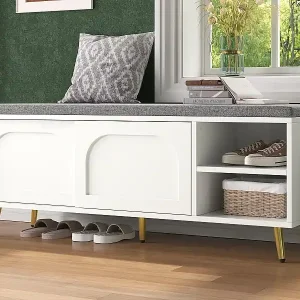 Schuhschrank 121x35x49cm - mit Sitzkissen - Schiebetüren und offene Ablagefächer - weiß Expressversand