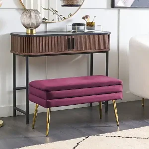 Bank mit Stauraum aus Samtstoff rot mit goldenen Metallbeinen Durham Versand Am Gleichen Tag