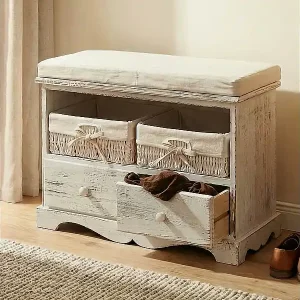 Aktuell Sitzbank 2 Körbe Shabby-Look, Weiß