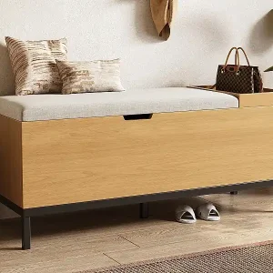 Aufbewahrungsbank 115x40x49.5cm - Leinenkissen - mit Regalbrettern - MDF - Natur + Grau Mega-Angebot