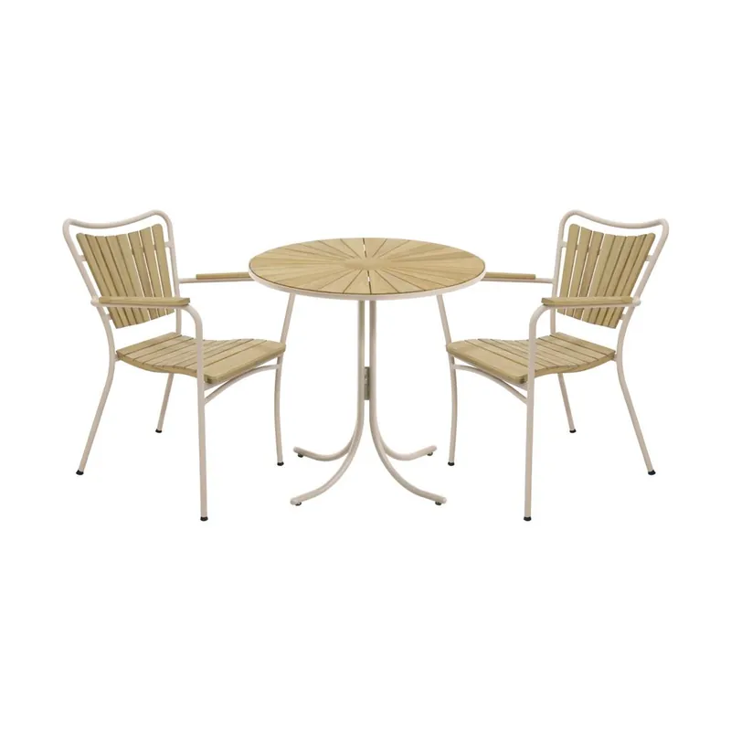 Top-Seller Mandalay Marguerit Cafétisch Ø: 70 cm Inkl. 2 Gartenstühle Gartenmöbelset - Taupe/Teak