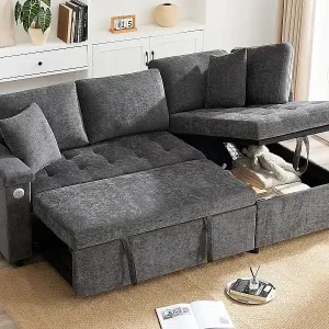 Kostenloser Rückversand L-förmiges Sofa mit ausziehbarer Schlaffunktion - mit Stauraum - USB-Ladefunktion - 2 Kissen - Grau
