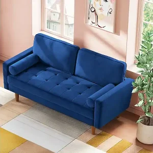Kracherpreis Modernes 2 -Seter -Blue -Samt -Sofa, gepolsterte Armlehnen, Massivholz, weiches Holz, 143x77x86cm