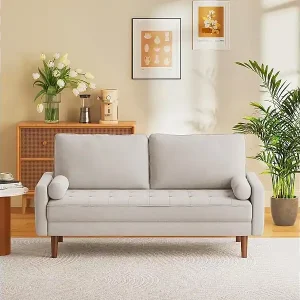 Saisonangebot 3 -Seerer -Sofa im Beige -Leinenstoff - skandinavisch - mit 2 Kissen und Armlehnen - Massive Holzfüße - 173x77x84 cm