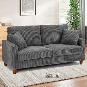 Preiswert 2 -seerer gerippter Samtsofa, großes modernes gepolstertes rechtes Sofa mit extra tiefen 56 cm -Sitzen - 2 Kissen - 178x76x89cm - Grau