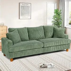 Super-Preis 3‑Sitzer modernes Samtsofa mit Rippstruktur - Ecke rechts - extra tiefe Sitze (53 cm) – 2 Kissen inklusive – Maße: 220×76×84 cm – Grün