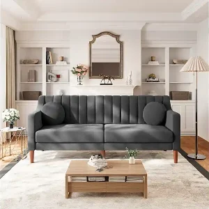 Preiswert 3-Sitzer Sofa aus Velours - Massivholzfüße 19cm - mit 2 Kissen - 206x74x83cm - Grau