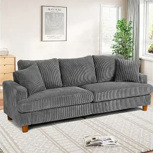 Schneller Versand 3 -seerer gerippte Samtsofa, große moderne gepolsterte rechte Sofa mit zusätzlichen tiefen Sitzen von 53 cm - 2 Kissen - 220x76x84cm - Grau grau