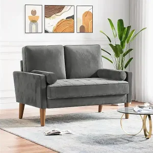 Geprüft Sofa mit 2 skandinavischem 2 -Sitzer, Mini gerolltem Arm -Sofa im Liebessitz Samt, Wohnzimmer Sessel mit Armlehnen, 121x77x87cm - Grau