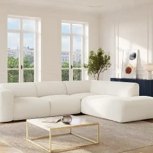 Großes Ecksofa mit Recamiere mit Rückenlehne - Ecke rechts - Bouclé-Stoff - Weiß - POGNI von Maison Céphy Top-Preis