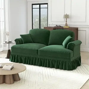 Top-Seller Große 2-Sitzer Couch aus Chenille - Abnehmbarer Überwurf und 2 Kissen - 194x83.5x93cm - Grün