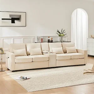 Abverkauf Modernes Sofa 4-Sitzer aus Leinenstoff - mit USB und Getränkehalter - 4 Kissen - 290x83x88cm - Beige