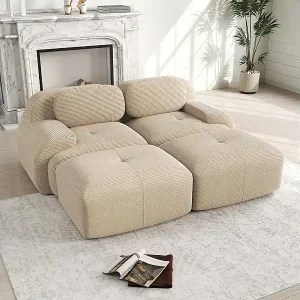 Modulare Sofa Rippvelours - 2-Sitzer - mit 2 Kissen und 2 Hocker - rutschfester Boden - 208x178x70cm - Beige Sofort Bestellen