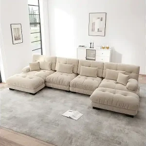 Modulare Ecksofa 4-Sitzer - mit 2 Hockern und 6 Kissen - DIY U/L-Form - 406x145x81cm - Beige Bestseller