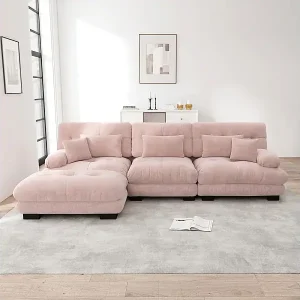 Ecksofa 3-Sitzer aus Chenille-Stoff, mit 5 Kissen, abnehmbarer Hocker, DIY-Kombination, 313x145x81cm, Rosa Markenware