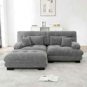 Beliebt Ecksofa 2-Sitzer aus Chenille-Stoff, mit 4 Kissen, abnehmbarer Hocker, DIY-Kombination, 220x145x81cm, Grau