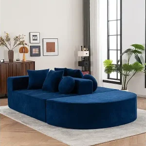 Echt Modulares Panorama-Sofa 5-Sitzer - aus Chenille-Stoff blau - mit 6 Kissen - 263x171x66cm