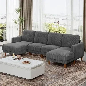 Markenprodukt Große Panorama-Eckcouch - 4-Sitzer - Liegefläche 109cm - aus Cord - 269x140x86 - Grau