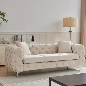 Angebot Chesterfield-Sofa 3-Sitzer - Samt - Beige - EDWINA