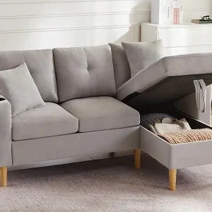 Moderner 3-Sitzer Ecksofa - mit 2 Becherhaltern - 2 Kissen - mit Stauraum - hellgrau Beliebt