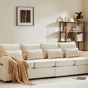 Festes 4-Sitzer-Sofa aus Leinenstoff – mit Taschen an den Seiten – Beige Zertifiziert