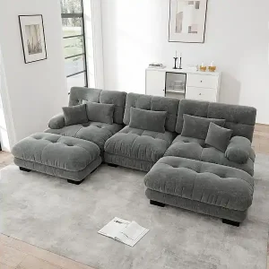 Wochenendangebot Großes modulares Ecksofa - 3-Sitzer - mit 2 Hockern und 5 Kissen - Chenille Stoff grau - 313x145x81cm