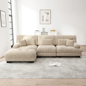 Ecksofa 3-Sitzer aus Chenille-Stoff, mit 5 Kissen, abnehmbarer Hocker, DIY-Kombination, 313x145x81cm, Beige Kostenfreie Lieferung