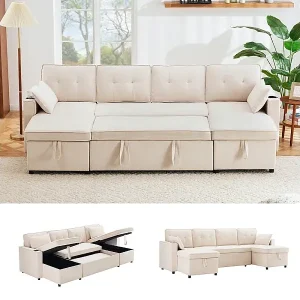 Ecksofa mit 2 Stauräumen, Kissen und Getränkehaltern - Baumwolle & Leinen - 270×130×86 cm - Beige Super-Preis