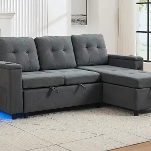 Sonderaktion 3-Sitzer-Ecksofa 208x146x89,5 cm - Klappbar - mit LED-Beleuchtung - mit Getränkehalter und Stauetasche - Grau