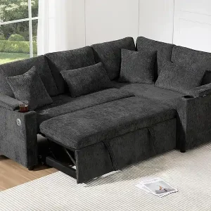 Billig L-förmiges ausziehbares Ecksofa - mit Stauraum - mit Getränkehalter - USB-Ladeanschluss - mit Kissen - grau