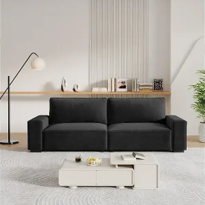 Preiswert Sofa 3-sitzig in Chenille Schwarz - mit großen Armlehnen - 55cm tiefe Sitzfläche - 220 x 83 x 88 cm