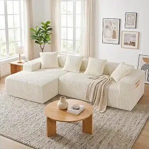 Modulares Ecksofa Links - in Rippvelours Beige - 3-sitzig - mit 4 Kissen und Liegefläche - 261x156x80cm Kostenfreie Lieferung