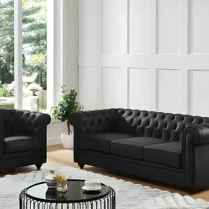 Aktuell Ledersofa 3-Sitzer - Büffelleder - Schwarz - CHESTERFIELD