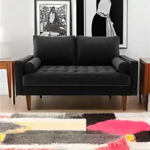 2 -seerer schwarzes Samtsofa, modernes Wohnzimmersofa, mit sich verjüngten Armlehnen und Füßen, einem unteren Rücken - 148,5 x 78 x 85 cm Finale Aktion