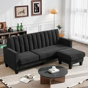 Reversible 3/4 -Setzer -Ecksofa in schwarzem Stoff - Meridian oder Pouf - vertikale Streifen - 208x76x85 cm Gratis Versand