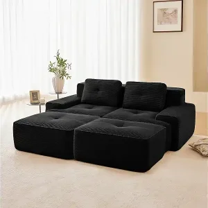 Solange Der Vorrat Reicht Modulares Ecksofa in Rippvelours, mit 2 Hockern und 2 Kissen, 204x177x69cm, Schwarz