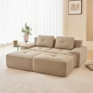 Modulares Ecksofa in Rippvelours, mit 2 Hockern und 2 Kissen, 204x177x69cm, Beige Mega-Angebot