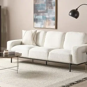 Wochenendangebot 3-Sitzer Sofa Bouclé weiß mit hohen Metallbeinen dicke Sitzkissen modern Sovik
