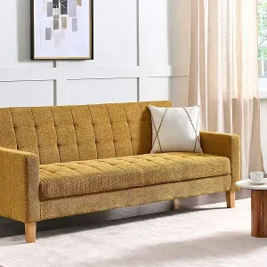 3-Sitzer Sofa mit Schlaffunktion Stoffbezug gelb gesteppt Holzbeine Retro Vehkoo Knallerangebot