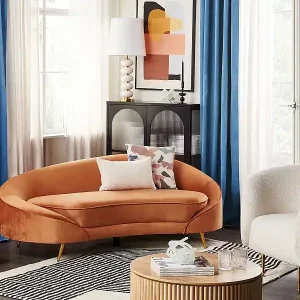 3er Sofa Samt orange gebogen oval mit schwarzen Metallbeinen Retro Glam Savar Schneller Versand