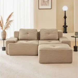 Modulares Sofa 2-sitzig in Rippvelours, mit Hocker und 2 Kissen, 204x177x69cm, Beige Rabatt