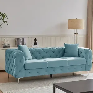 Billig Chesterfield-Sofa 3-Sitzer - Samt - Pastellblau - EDWINA