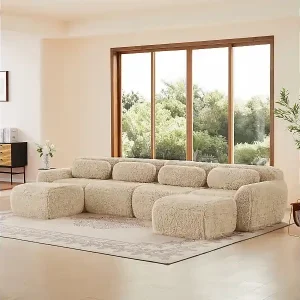 Modulares U-förmiges Ecksofa in Plüschstoff, mit 2 Hockern und 4 Kissen, 378x179x73cm, Khaki Gratis Versand